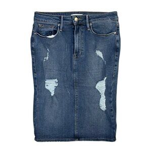 Good American Denim Pencil Skirt Distressed Med Wash Stretch Size 8 High Waisted